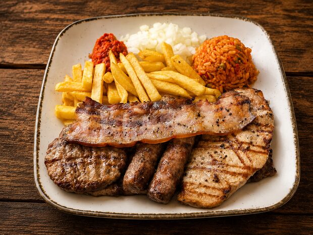 Grillteller mit Djuwetschreis und Pommes frites im Restaurant Im Grünen Winkel in Werne